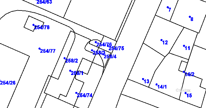Parcela st. 258/4 v KÚ Doudlevce, Katastrální mapa