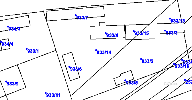 Parcela st. 933/14 v KÚ Skvrňany, Katastrální mapa