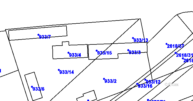 Parcela st. 933/15 v KÚ Skvrňany, Katastrální mapa