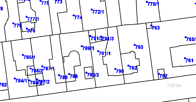 Parcela st. 791/1 v KÚ Skvrňany, Katastrální mapa