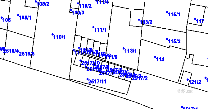 Parcela st. 111/9 v KÚ Skvrňany, Katastrální mapa