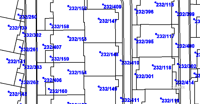 Parcela st. 232/148 v KÚ Lobzy, Katastrální mapa