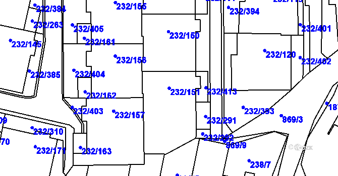 Parcela st. 232/151 v KÚ Lobzy, Katastrální mapa