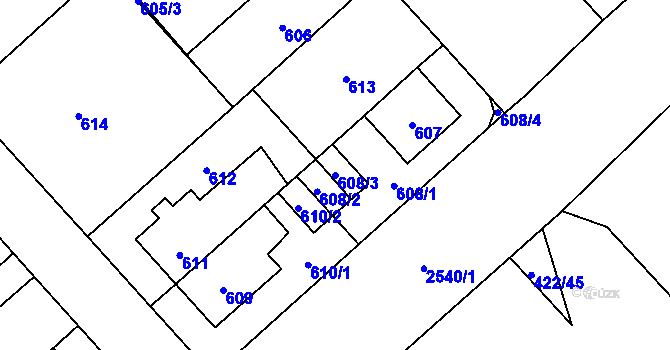 Parcela st. 608/3 v KÚ Doubravka, Katastrální mapa