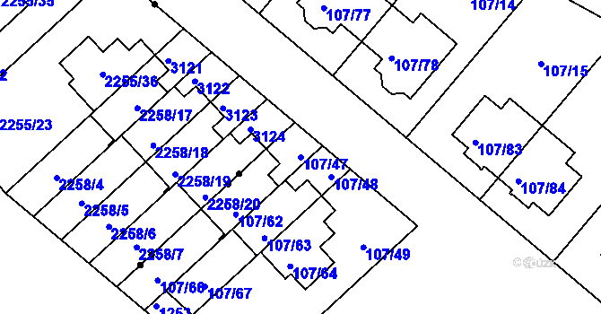 Parcela st. 107/47 v KÚ Újezd, Katastrální mapa