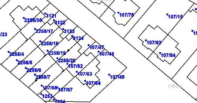 Parcela st. 107/48 v KÚ Újezd, Katastrální mapa