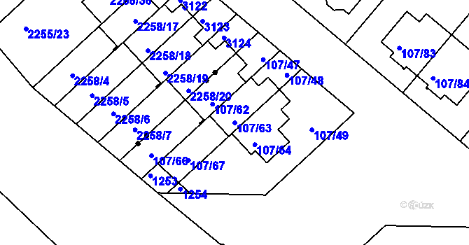 Parcela st. 107/63 v KÚ Újezd, Katastrální mapa