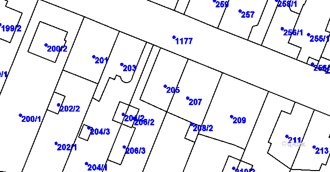 Parcela st. 205 v KÚ Újezd, Katastrální mapa