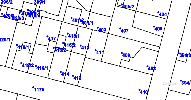 Parcela st. 411 v KÚ Újezd, Katastrální mapa