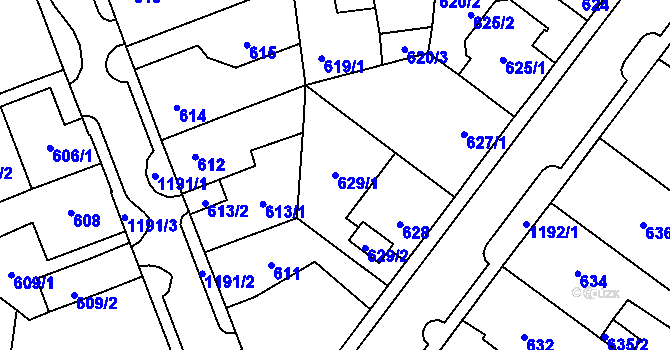 Parcela st. 629/1 v KÚ Újezd, Katastrální mapa