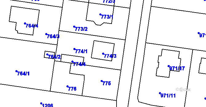 Parcela st. 774/3 v KÚ Újezd, Katastrální mapa