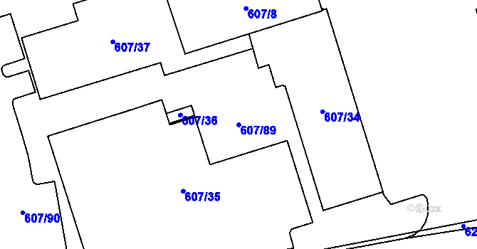 Parcela st. 607/89 v KÚ Plzeň 4, Katastrální mapa