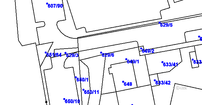 Parcela st. 629/6 v KÚ Plzeň 4, Katastrální mapa