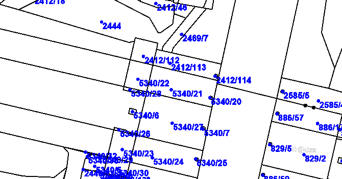 Parcela st. 5340/21 v KÚ Plzeň 4, Katastrální mapa