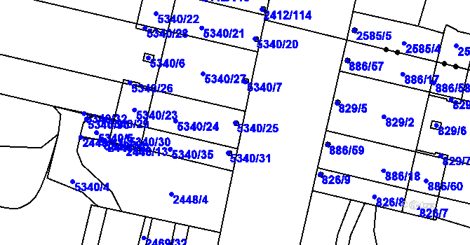 Parcela st. 5340/25 v KÚ Plzeň 4, Katastrální mapa