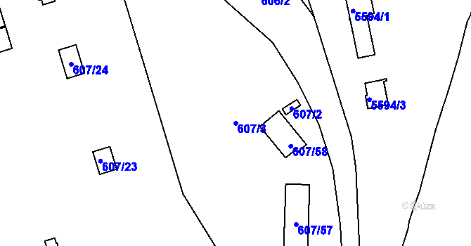 Parcela st. 607/3 v KÚ Plzeň 4, Katastrální mapa