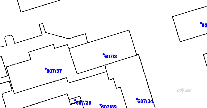Parcela st. 607/8 v KÚ Plzeň 4, Katastrální mapa