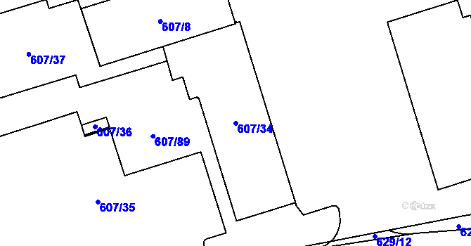 Parcela st. 607/34 v KÚ Plzeň 4, Katastrální mapa