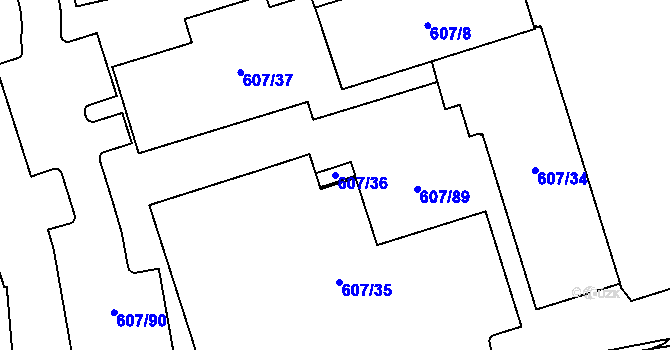 Parcela st. 607/36 v KÚ Plzeň 4, Katastrální mapa