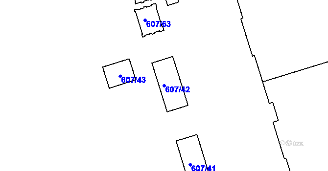 Parcela st. 607/42 v KÚ Plzeň 4, Katastrální mapa
