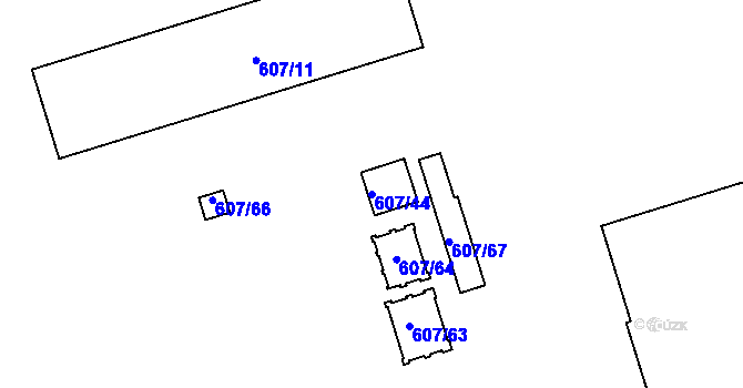 Parcela st. 607/44 v KÚ Plzeň 4, Katastrální mapa