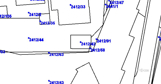 Parcela st. 2412/42 v KÚ Plzeň 4, Katastrální mapa