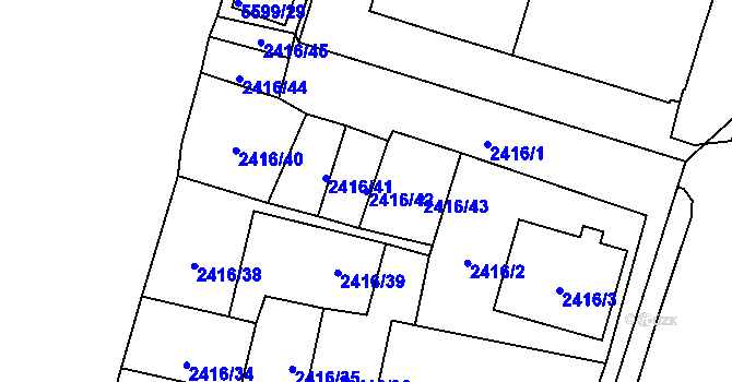 Parcela st. 2416/42 v KÚ Plzeň 4, Katastrální mapa