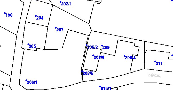 Parcela st. 206/2 v KÚ Poběžovice u Domažlic, Katastrální mapa