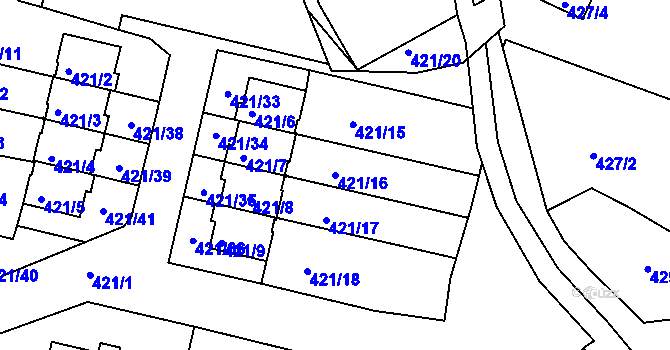 Parcela st. 421/16 v KÚ Poběžovice u Domažlic, Katastrální mapa