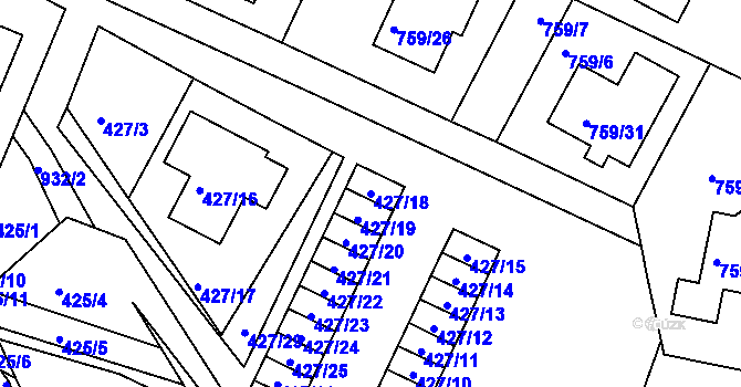 Parcela st. 427/18 v KÚ Poběžovice u Domažlic, Katastrální mapa