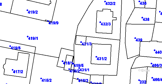 Parcela st. 431/3 v KÚ Poběžovice u Domažlic, Katastrální mapa