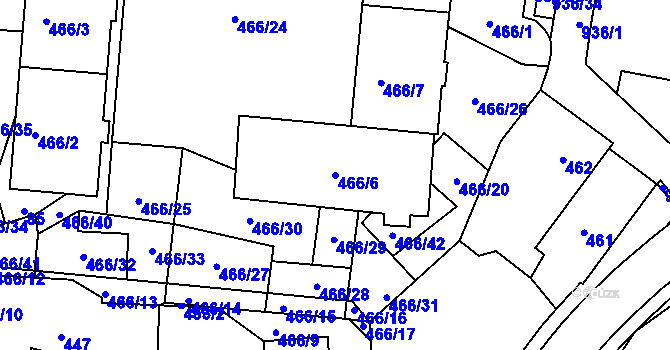 Parcela st. 466/6 v KÚ Poběžovice u Domažlic, Katastrální mapa