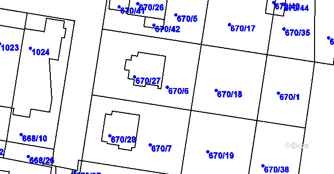 Parcela st. 670/6 v KÚ Poběžovice u Domažlic, Katastrální mapa
