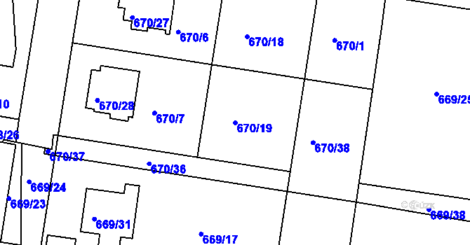 Parcela st. 670/19 v KÚ Poběžovice u Domažlic, Katastrální mapa