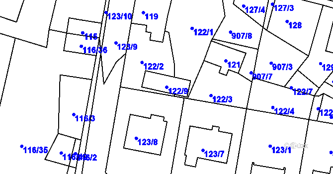 Parcela st. 122/9 v KÚ Poběžovice u Domažlic, Katastrální mapa