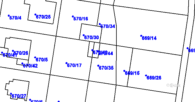 Parcela st. 670/44 v KÚ Poběžovice u Domažlic, Katastrální mapa
