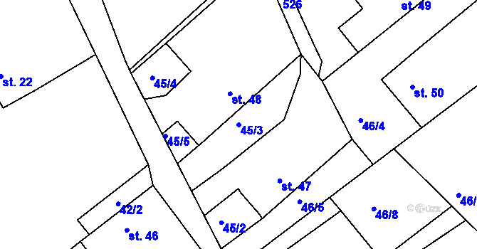 Parcela st. 45/3 v KÚ Poběžovice u Holic, Katastrální mapa