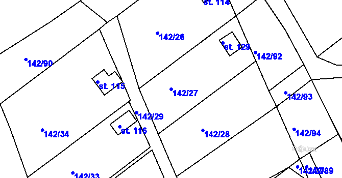 Parcela st. 142/27 v KÚ Poběžovice u Holic, Katastrální mapa