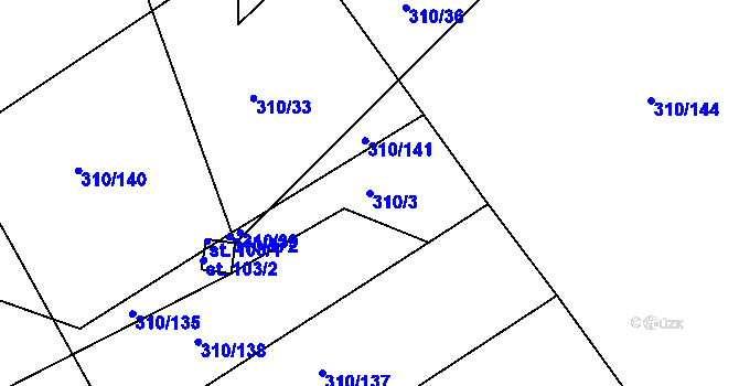 Parcela st. 310/3 v KÚ Poběžovice u Holic, Katastrální mapa