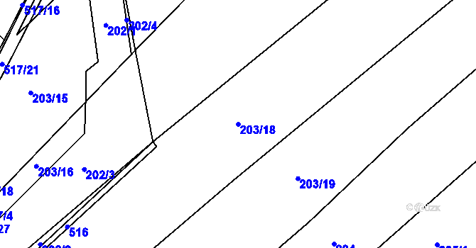 Parcela st. 203/18 v KÚ Poběžovice u Holic, Katastrální mapa