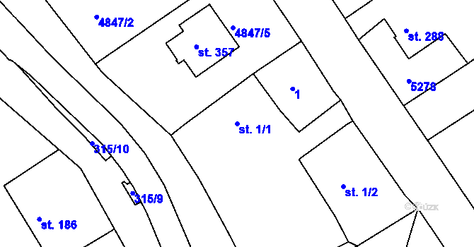 Parcela st. 1/1 v KÚ Pocinovice, Katastrální mapa