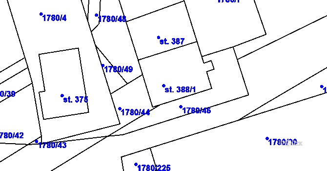 Parcela st. 388/1 v KÚ Pocinovice, Katastrální mapa