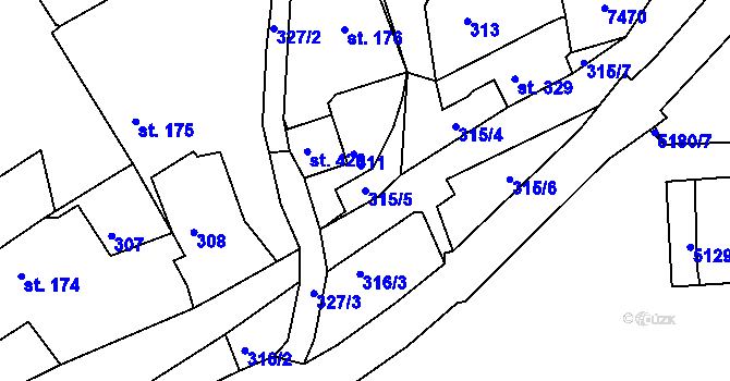 Parcela st. 315/5 v KÚ Pocinovice, Katastrální mapa