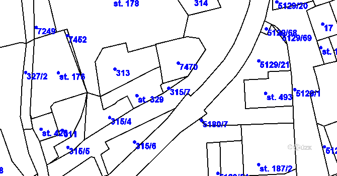 Parcela st. 315/7 v KÚ Pocinovice, Katastrální mapa