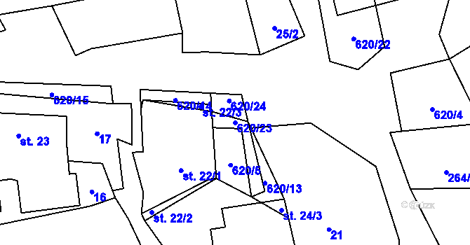 Parcela st. 620/23 v KÚ Léskovec, Katastrální mapa