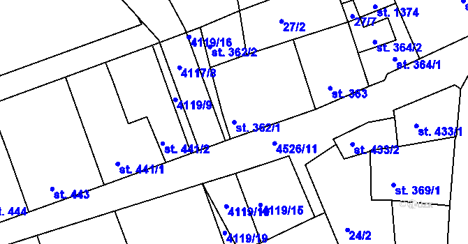 Parcela st. 362/1 v KÚ Počátky, Katastrální mapa