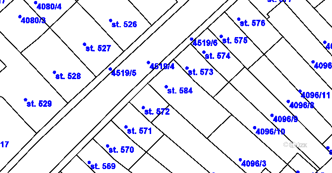 Parcela st. 584 v KÚ Počátky, Katastrální mapa