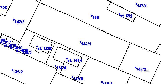 Parcela st. 142/1 v KÚ Počátky, Katastrální mapa