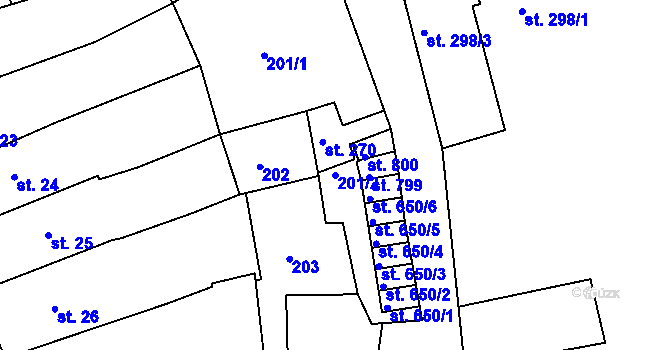 Parcela st. 201/2 v KÚ Počátky, Katastrální mapa