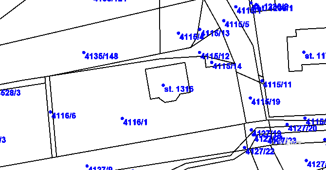 Parcela st. 1316 v KÚ Počátky, Katastrální mapa